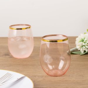 12-Pack Plastic Stemless Wine Glasses 12oz, Transparent Blush with Gold Rim